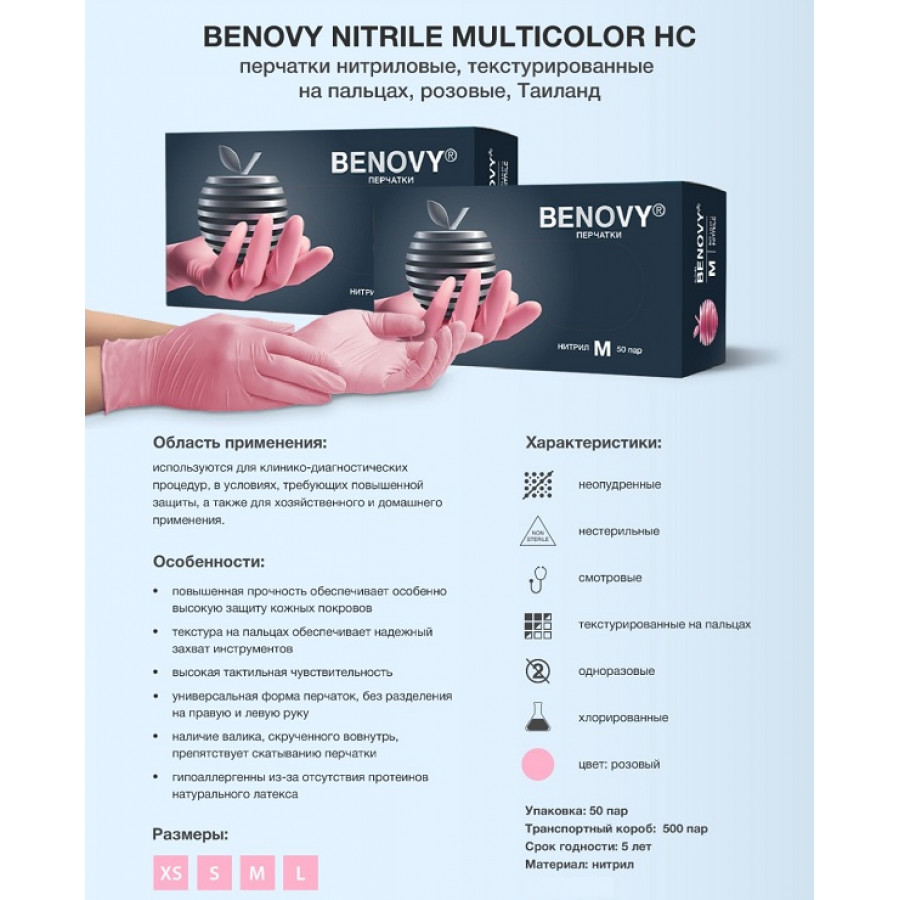 Перчатки нитриловые Benovy S (100 шт.) Розовый